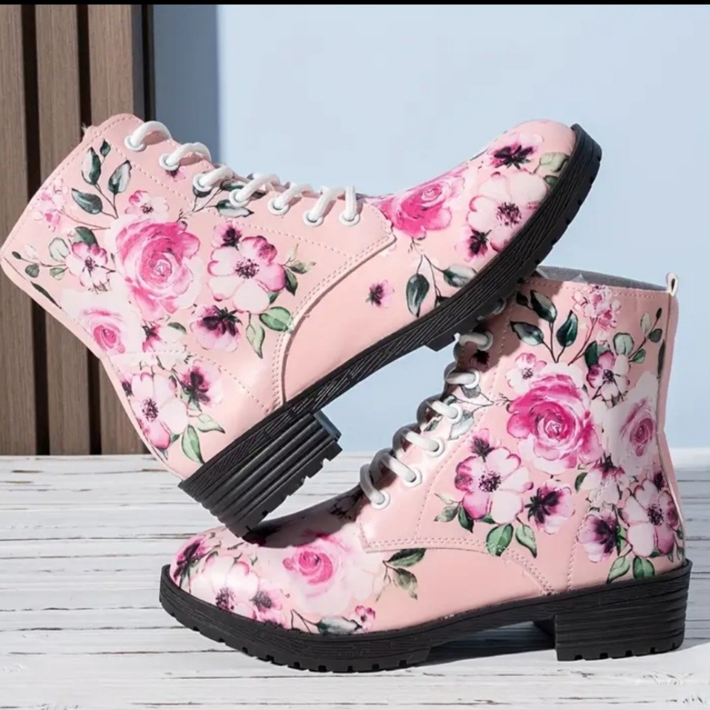 Women's Floral Pattern Boots, Lace Up Soft Sole Platform Casual Boots, Versatile
